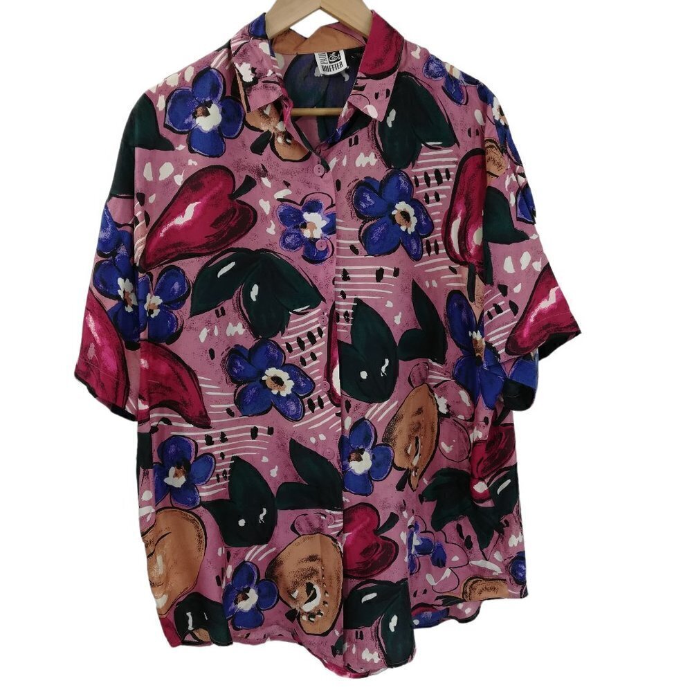 Vintage Paul Et Duffier Silk Button Front Abstract Short Sleeve Blouse Size M